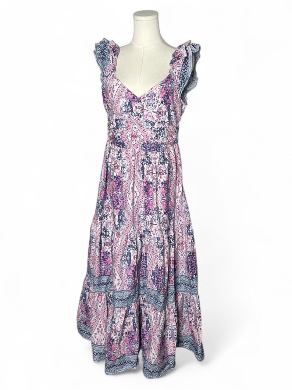Caroline Constas Pink Blue Ruffle Sleeve Tiered Maxi Dress in Diamond Floral
